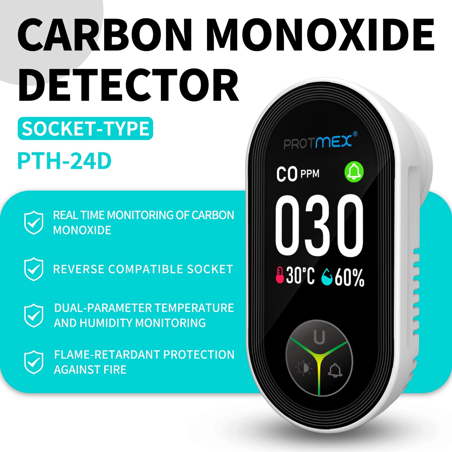 Wall-mounted carbon monoxide detector with integrated triple-sensor monitoring unit, featuring temperature and humidity sensors