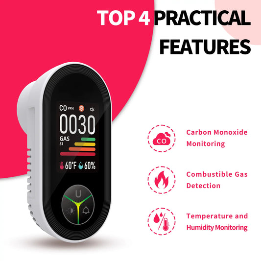 Wall-mounted carbon monoxide detector with integrated triple-sensor monitoring unit, featuring temperature and humidity sensors