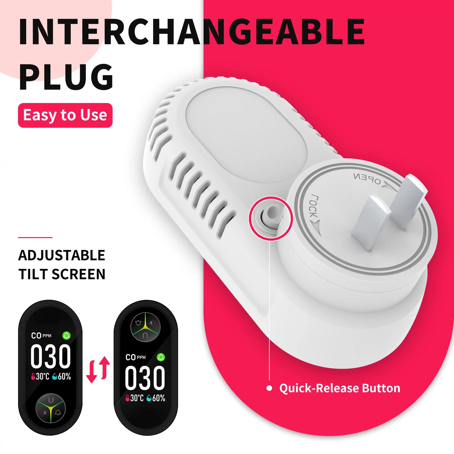 Wall-mounted carbon monoxide detector with integrated triple-sensor monitoring unit, featuring temperature and humidity sensors